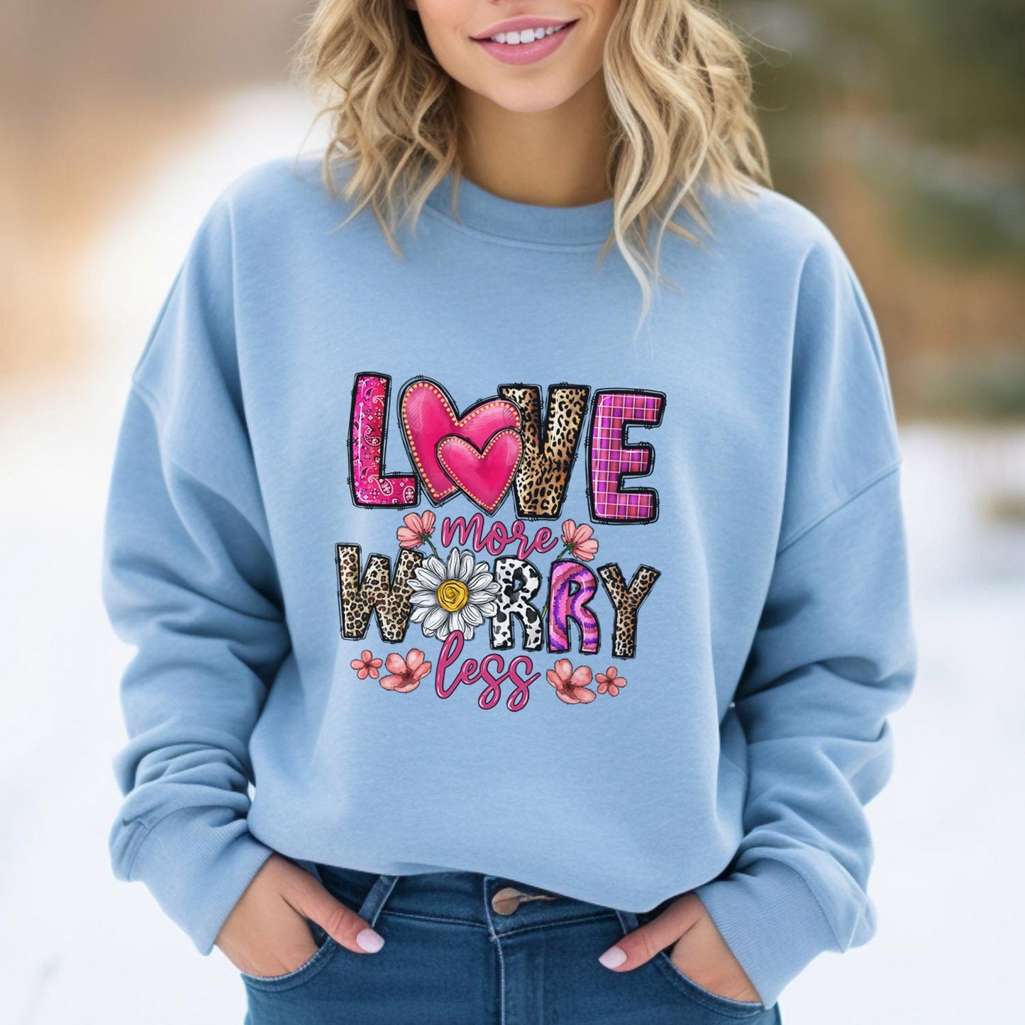 Sweat-shirt de Saint-Valentin Love More Worry Less, T-shirt d'amour à manches longues pour la Saint-Valentin, T-shirt avec cœur pour cadeau de Saint-Valentin pour elle