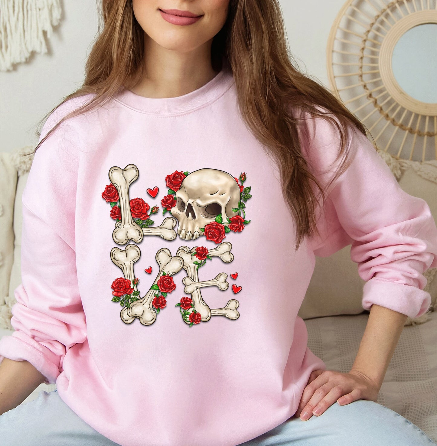 Love Skeleton Sweatshirt zum Valentinstag, Valentinstag Langarm Skelett Shirt, Valentinstag Geschenk Shirt, Totenkopf und Blumen Shirt