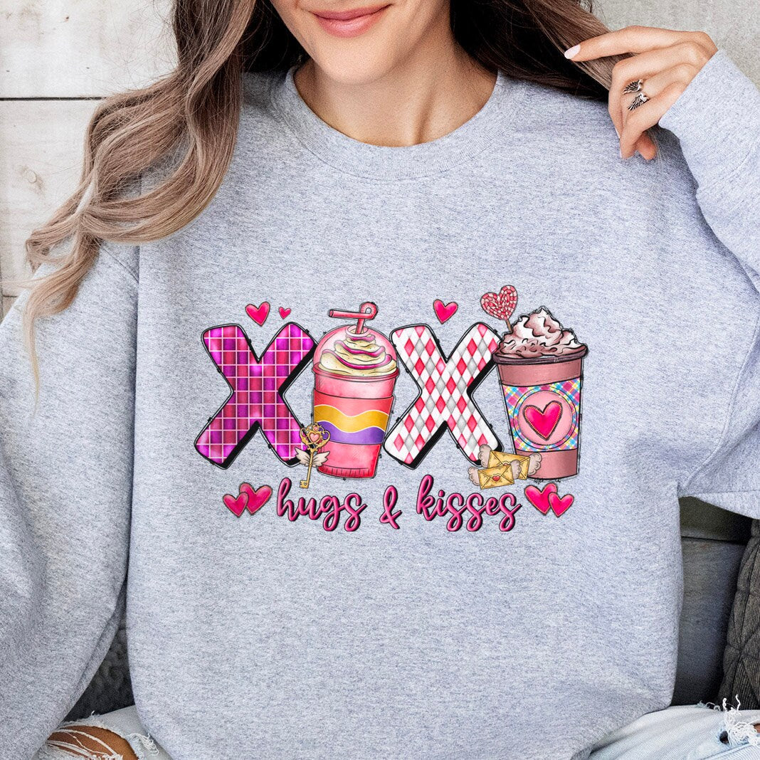 XoXo Coffee Hug Kisses Sweatshirt, Valentinstag Langarm Xo Xo Shirt, Liebesshirt als Valentinstagsgeschenk, Valentinstagsgeschenk Shirt