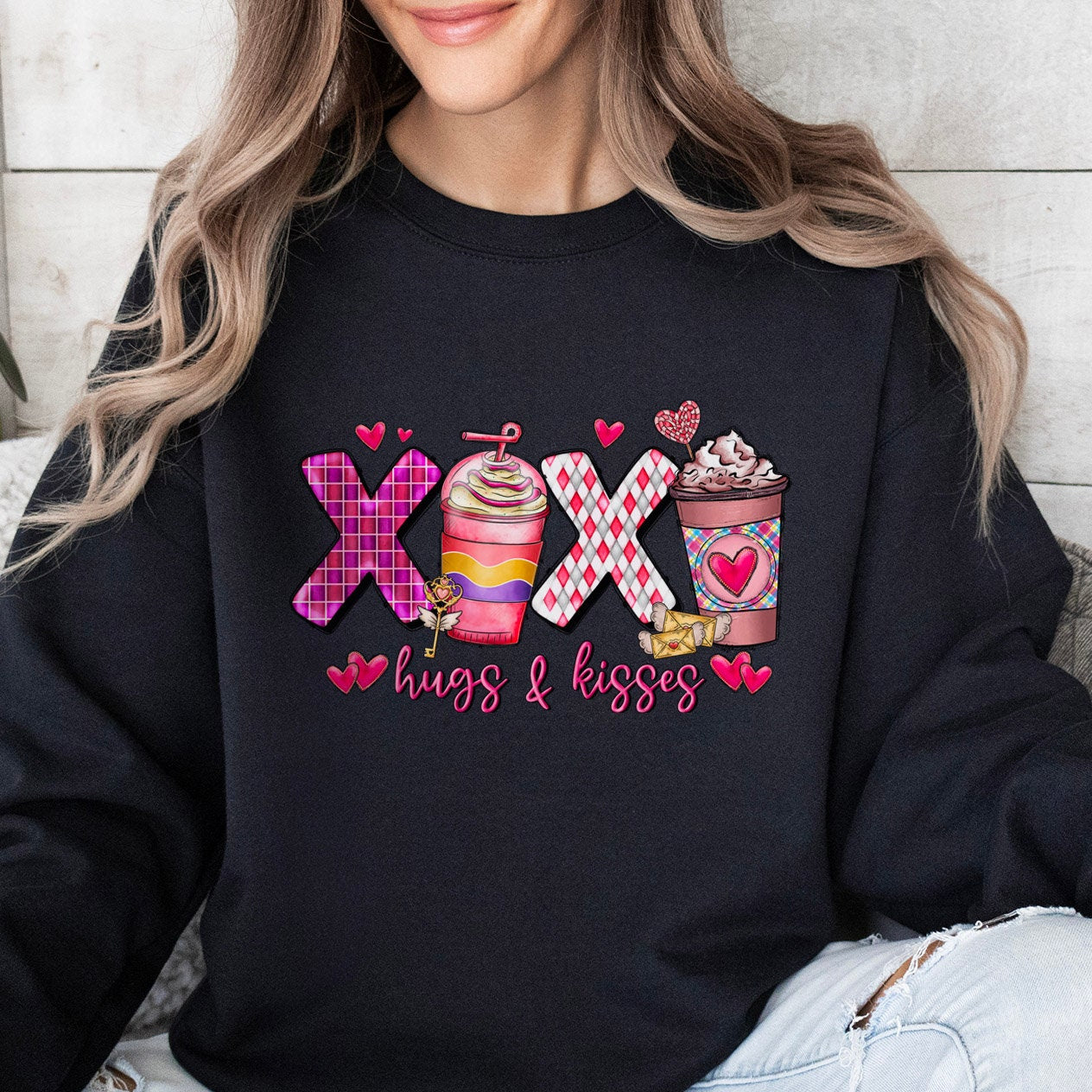 XoXo Coffee Hug Kisses Sweatshirt, Valentinstag Langarm Xo Xo Shirt, Liebesshirt als Valentinstagsgeschenk, Valentinstagsgeschenk Shirt