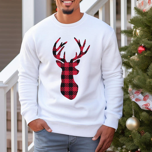 Christmas Plaid Pattern Reindeer Sweatshirt, Holidays Gift Sweatshirt, Buffalo Plaid Pattern Sweatshirt, Reindeer Sweatshirt, Gift for Her