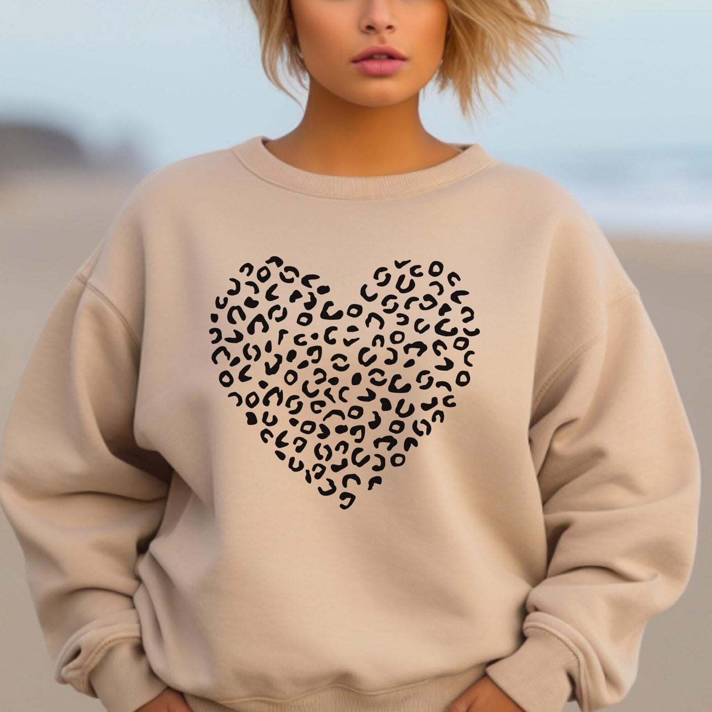 Leopard Pattern Heart Sweatshirt, Valentines Day Gift Shirt for Woman, Valentines Day Long Sleeves Shirt, Valentines Heart Leopard Pattern