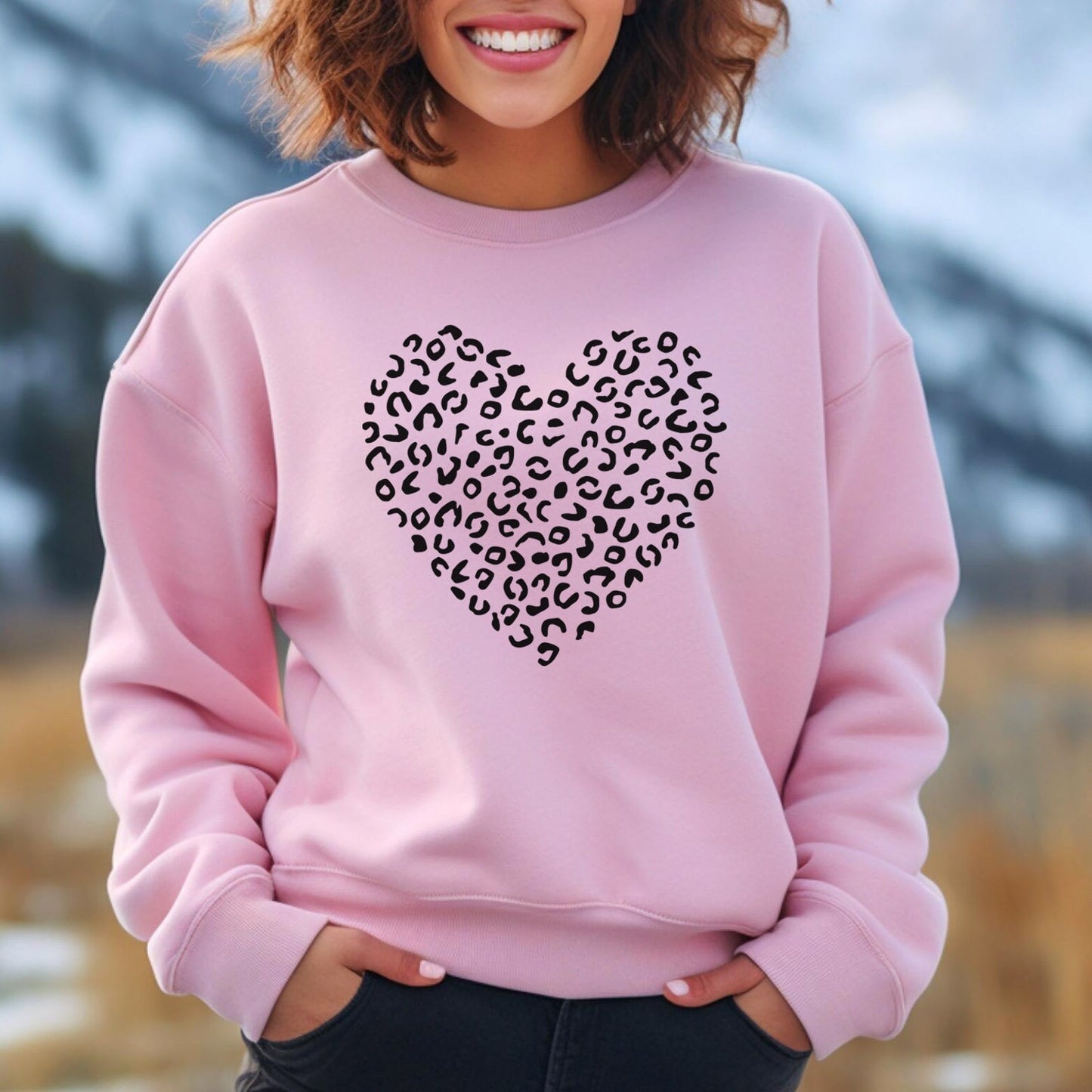 Leopard Pattern Heart Sweatshirt, Valentines Day Gift Shirt for Woman, Valentines Day Long Sleeves Shirt, Valentines Heart Leopard Pattern