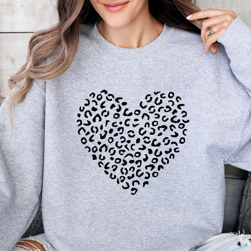 Leopard Pattern Heart Sweatshirt, Valentines Day Gift Shirt for Woman, Valentines Day Long Sleeves Shirt, Valentines Heart Leopard Pattern