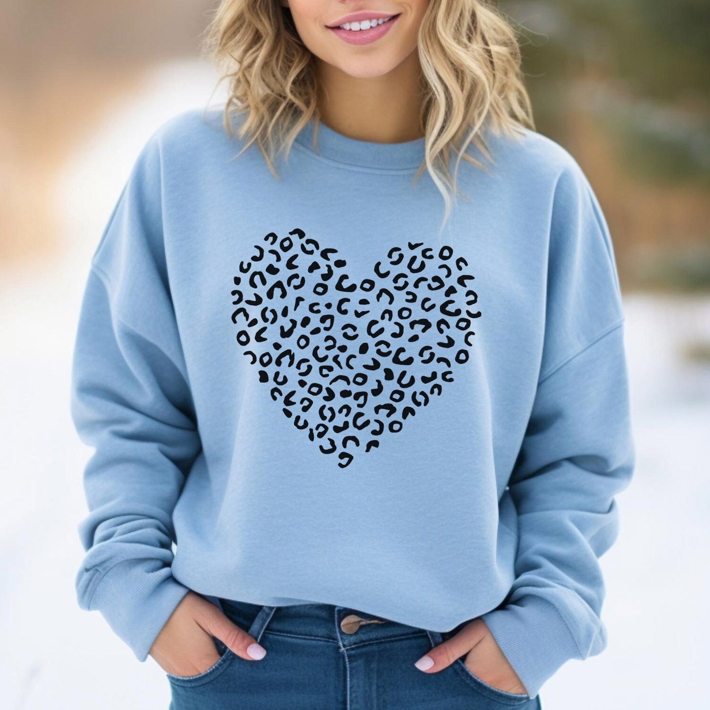 Leopard Pattern Heart Sweatshirt, Valentines Day Gift Shirt for Woman, Valentines Day Long Sleeves Shirt, Valentines Heart Leopard Pattern