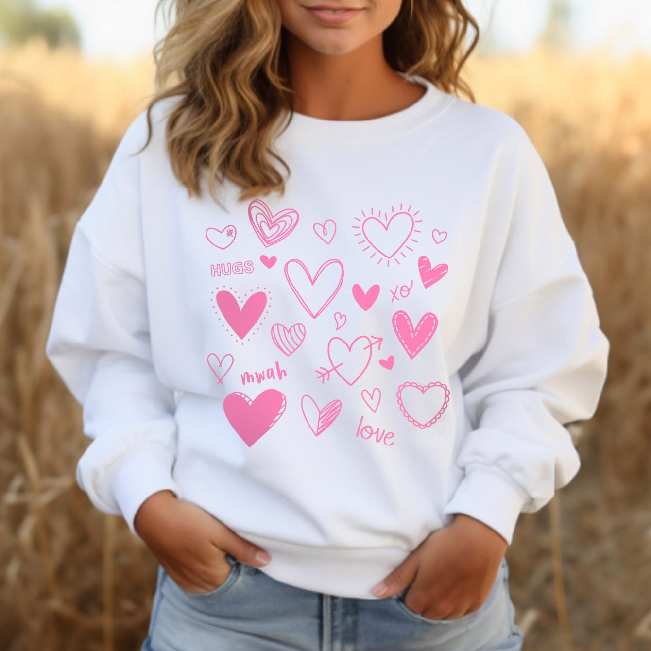 Love Hearts Collage Valentinstag Sweatshirt, Valentinstag Langarm Love Shirt mit Herzen, Love Shirt zum Valentinstag, Geschenk für Sie