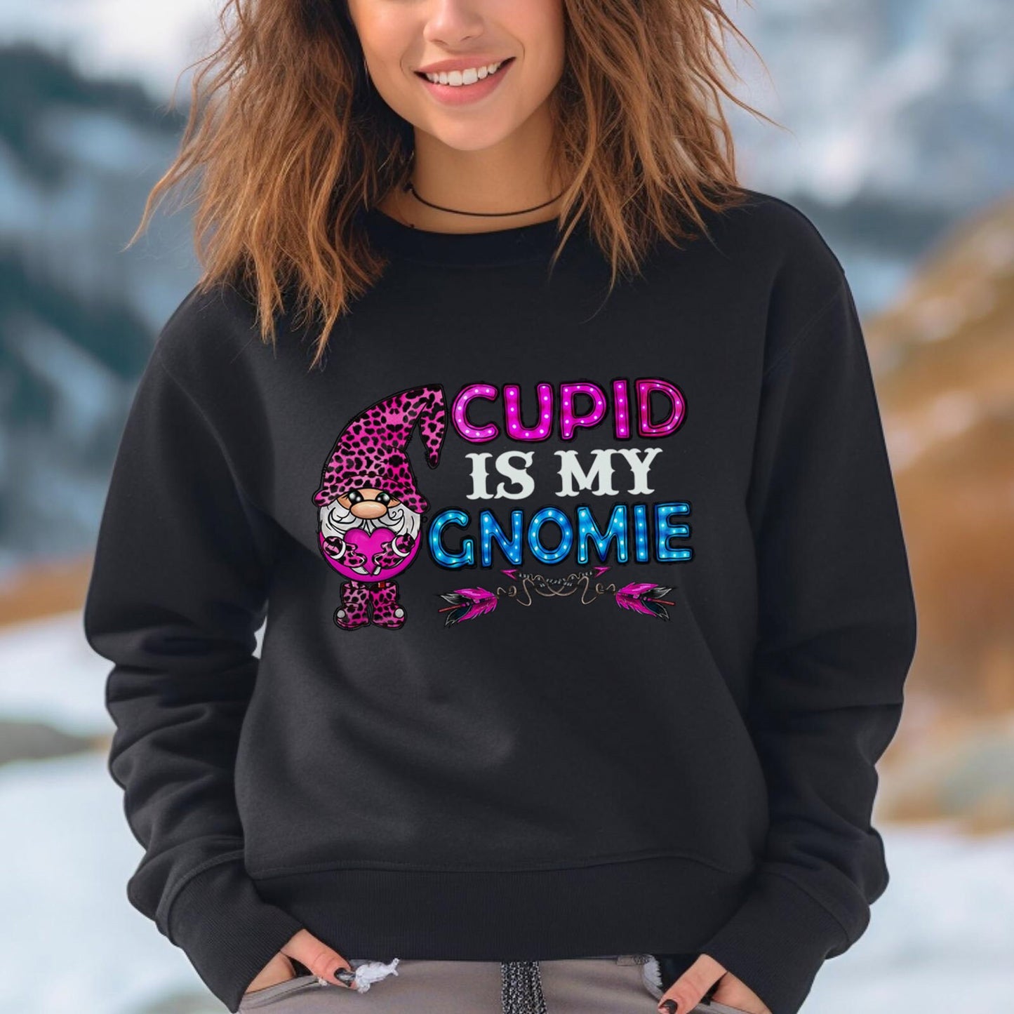 Cupidon est mon Gnome Valetines Sweatshirt, Cadeau de Saint-Valentin T-shirt à manches longues, T-shirt drôle de Saint-Valentin, T-shirts de Saint-Valentin pour femme