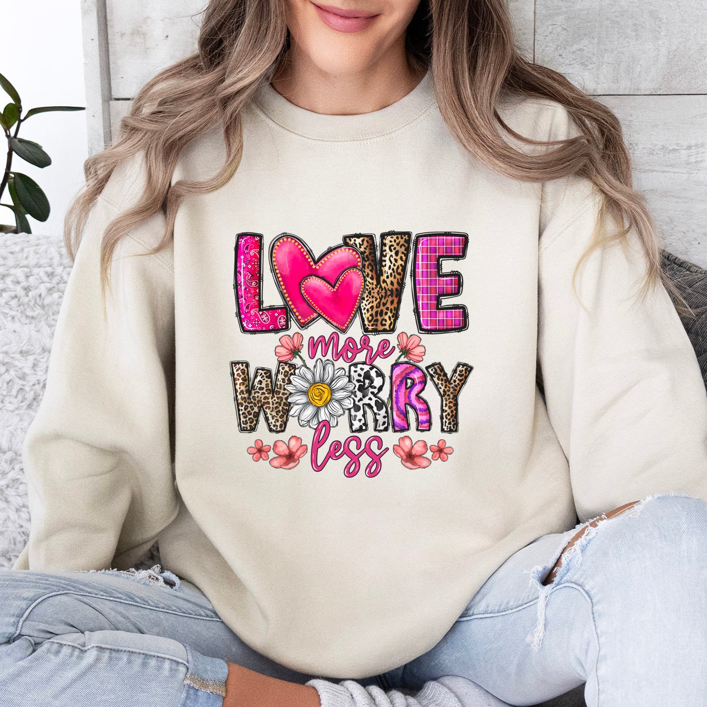 Sweat-shirt de Saint-Valentin Love More Worry Less, T-shirt d'amour à manches longues pour la Saint-Valentin, T-shirt avec cœur pour cadeau de Saint-Valentin pour elle