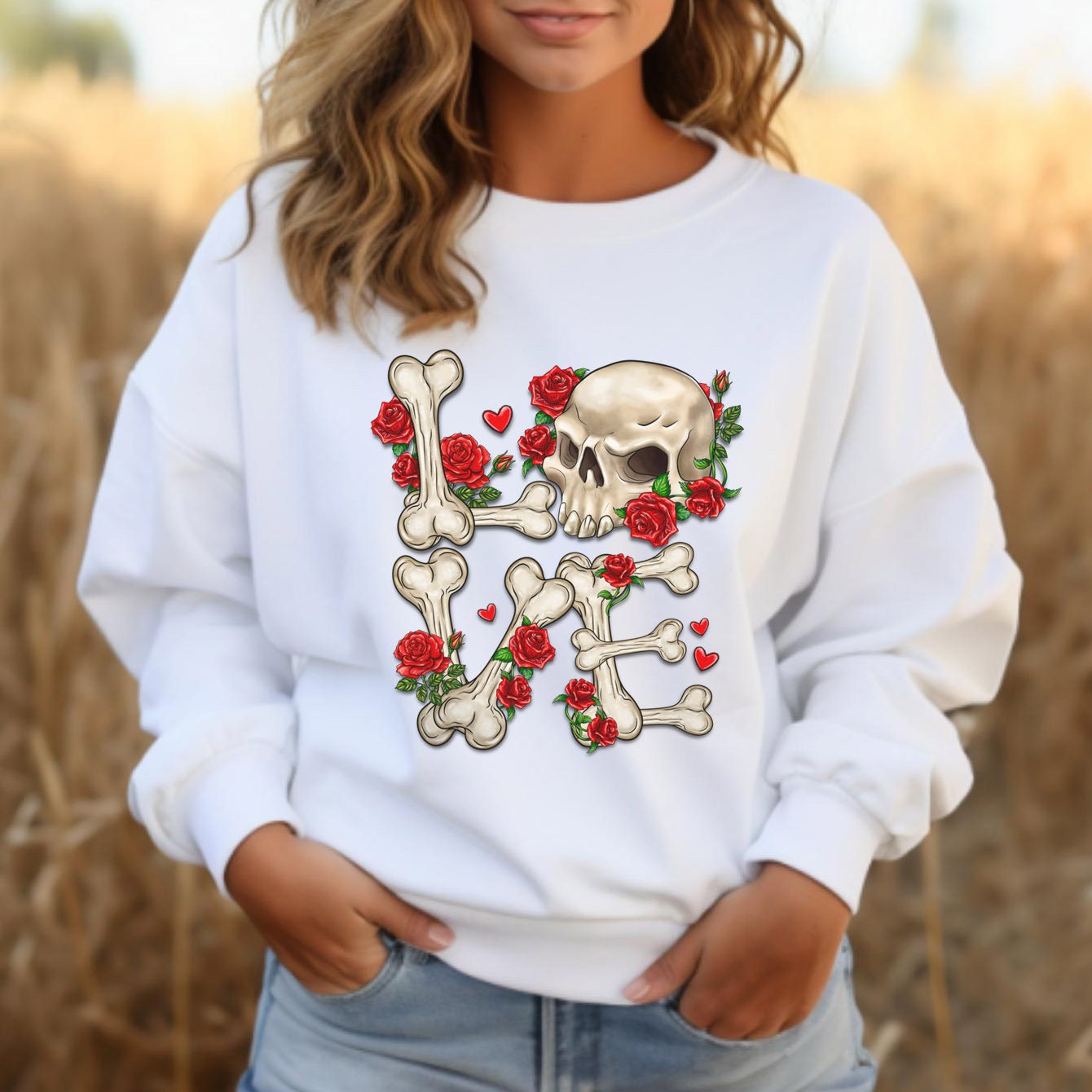 Love Skeleton Sweatshirt zum Valentinstag, Valentinstag Langarm Skelett Shirt, Valentinstag Geschenk Shirt, Totenkopf und Blumen Shirt