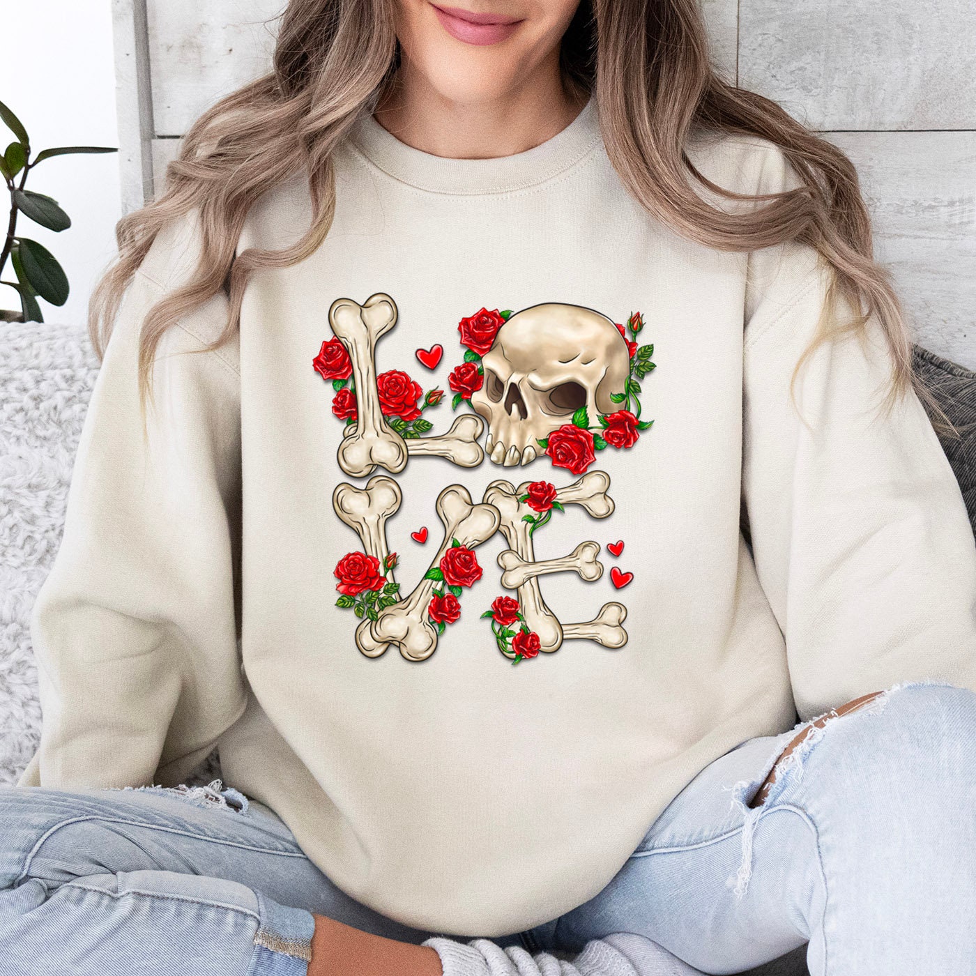 Love Skeleton Sweatshirt zum Valentinstag, Valentinstag Langarm Skelett Shirt, Valentinstag Geschenk Shirt, Totenkopf und Blumen Shirt