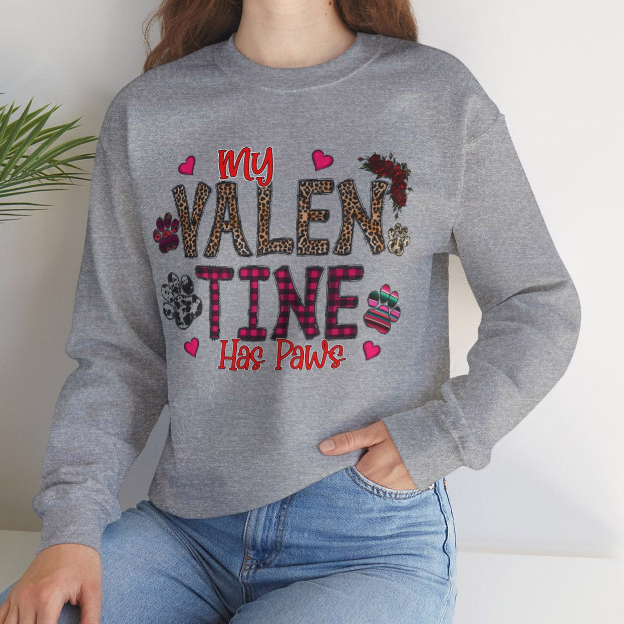 My Valentine has Paws Sweatshirt zum Valentinstag, Valentinstag Hundeliebhaber Langarm Geschenk Shirt, Katzenliebhaber Shirt zum Valentinstag