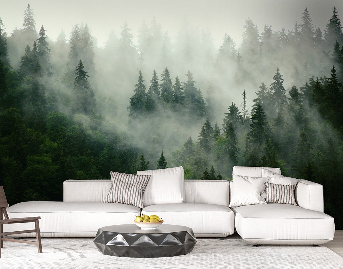 Foggy Forest Wallpaper, Trees Mural, Forest Pine Trees Reposition able Removable Fabric Wallpaper, Home Decor, Peel and Stick, Self Adhesive