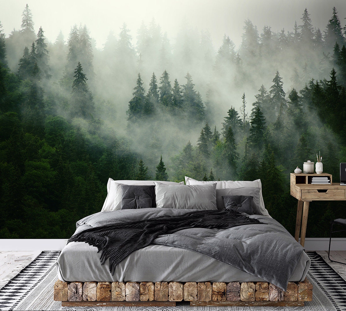 Foggy Forest Wallpaper, Trees Mural, Forest Pine Trees Reposition able Removable Fabric Wallpaper, Home Decor, Peel and Stick, Self Adhesive