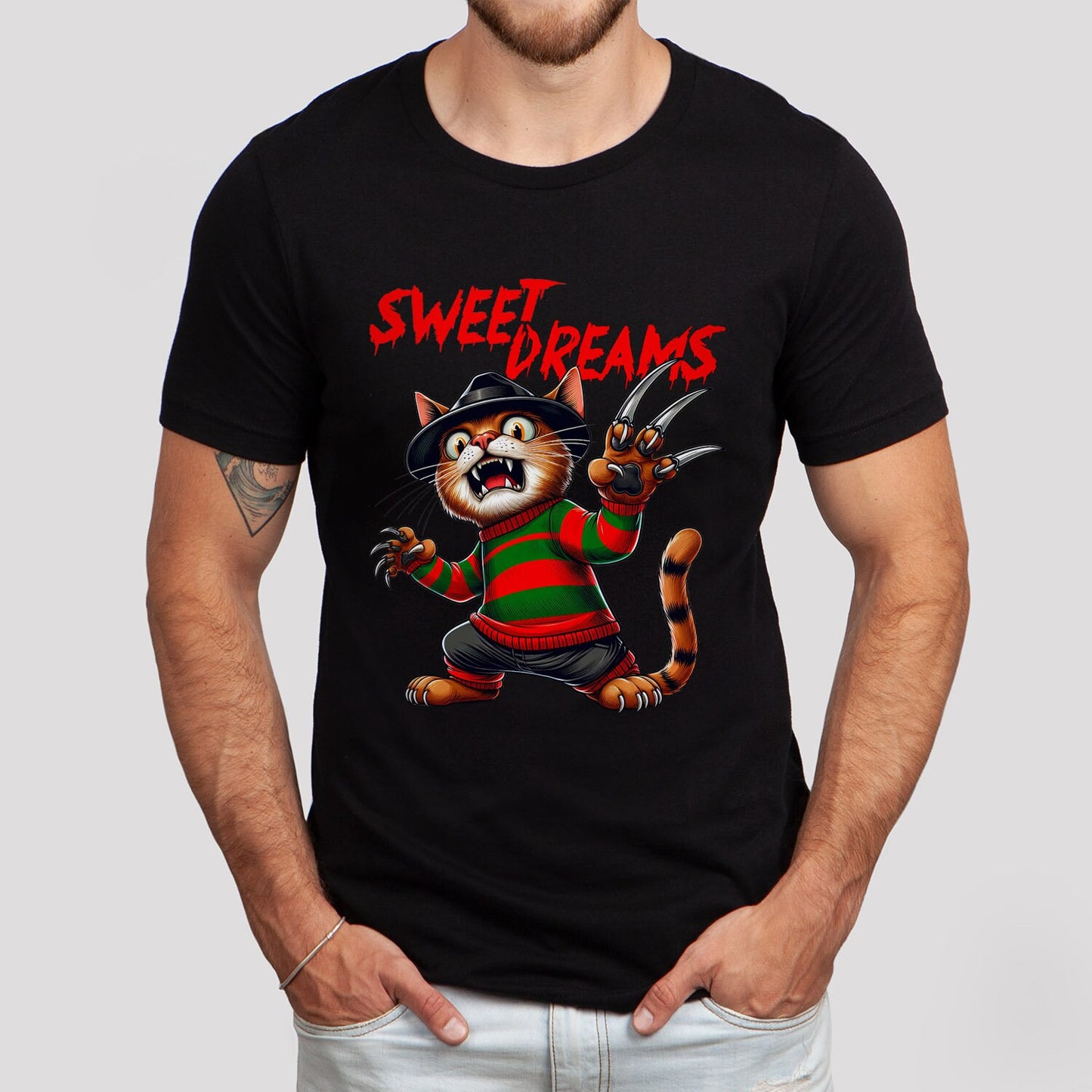 Sweet Dreams Freddy Krueger T-Shirt, Humour Cat Shirt, Cat Lovers Gift Shirt, Film Parody Shirt, Horror Movie Tee, Serial Killer Shirt