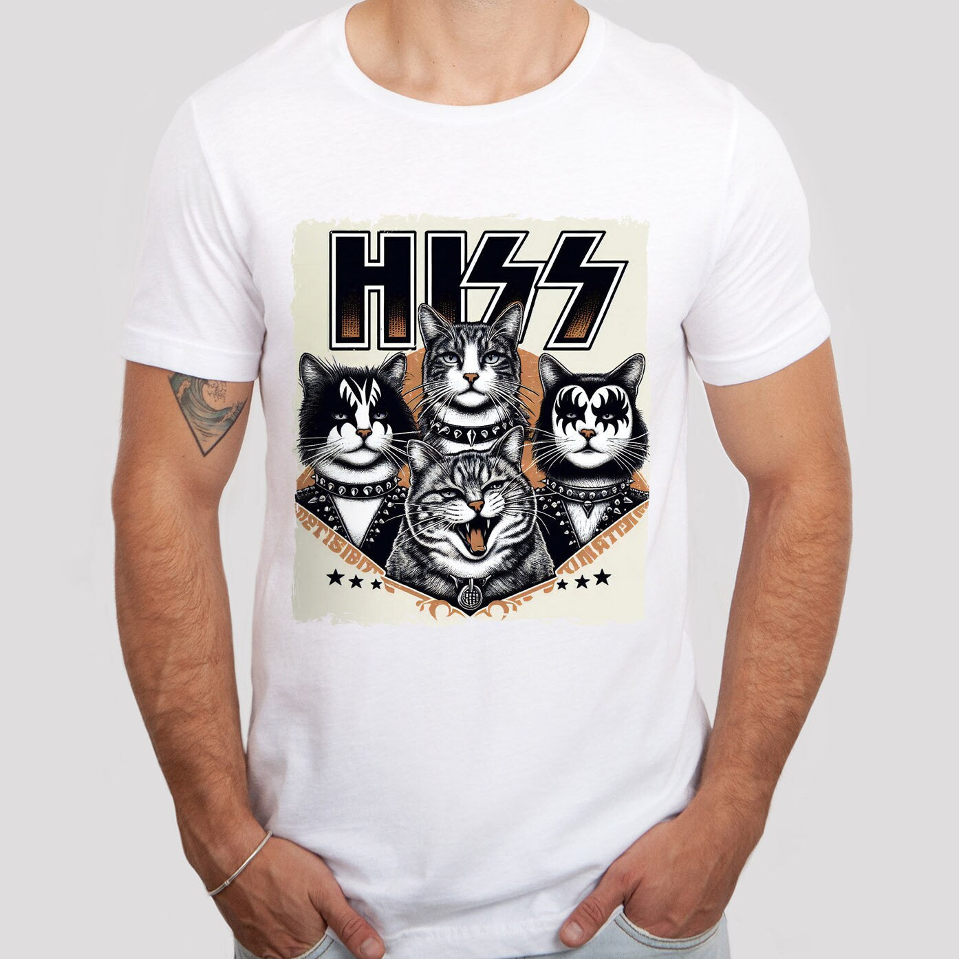 Hiss Cats T-Shirt, Rocker Kätzchen Shirt, Lustiges Kiss Parodie T-Shirt, Humor Katzen T-Shirt, Katzenliebhaber Lustiges Geschenk T-Shirt, Rockstar Katzen T-Shirt