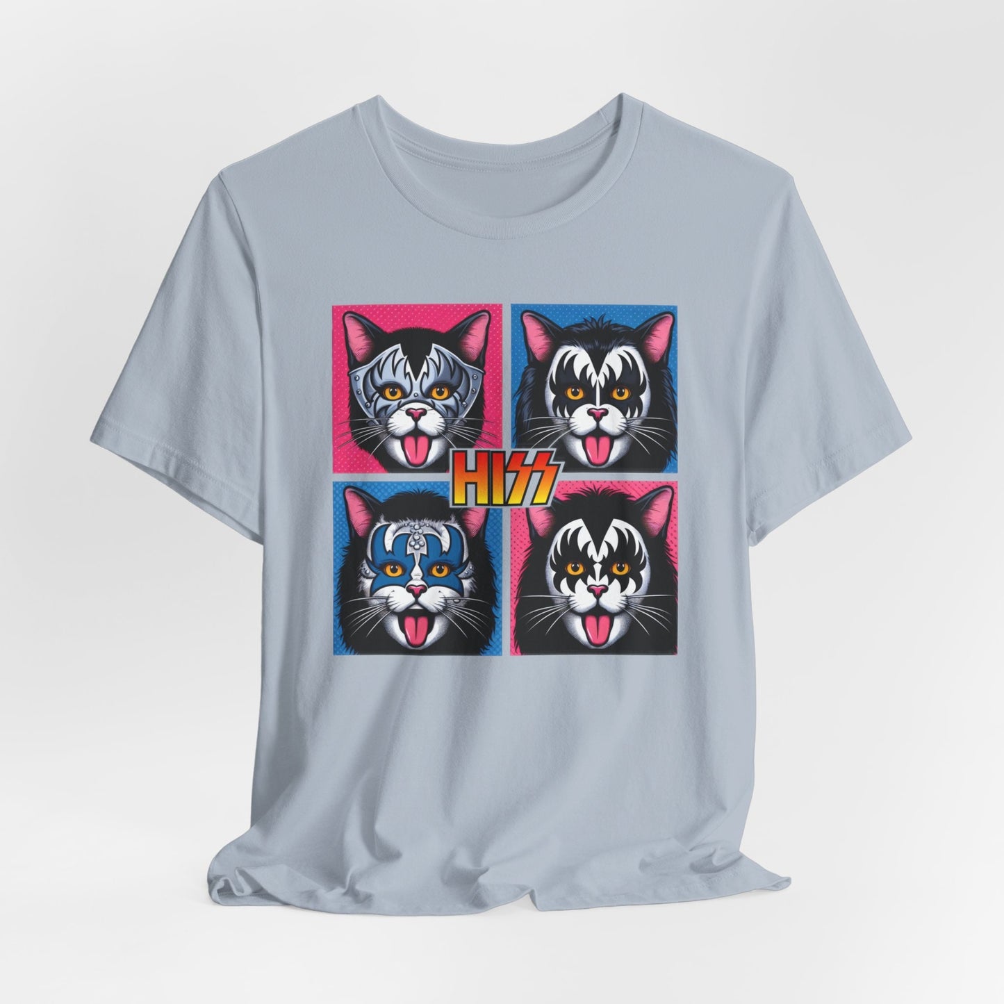 Funny Kiss Parody T-Shirt, Pop Art Style Hiss Rocker Kittens T-Shirt, Rocker Cats Shirt, Humour Cat Tee Shirt, Gift T Shirt for Cat Lovers