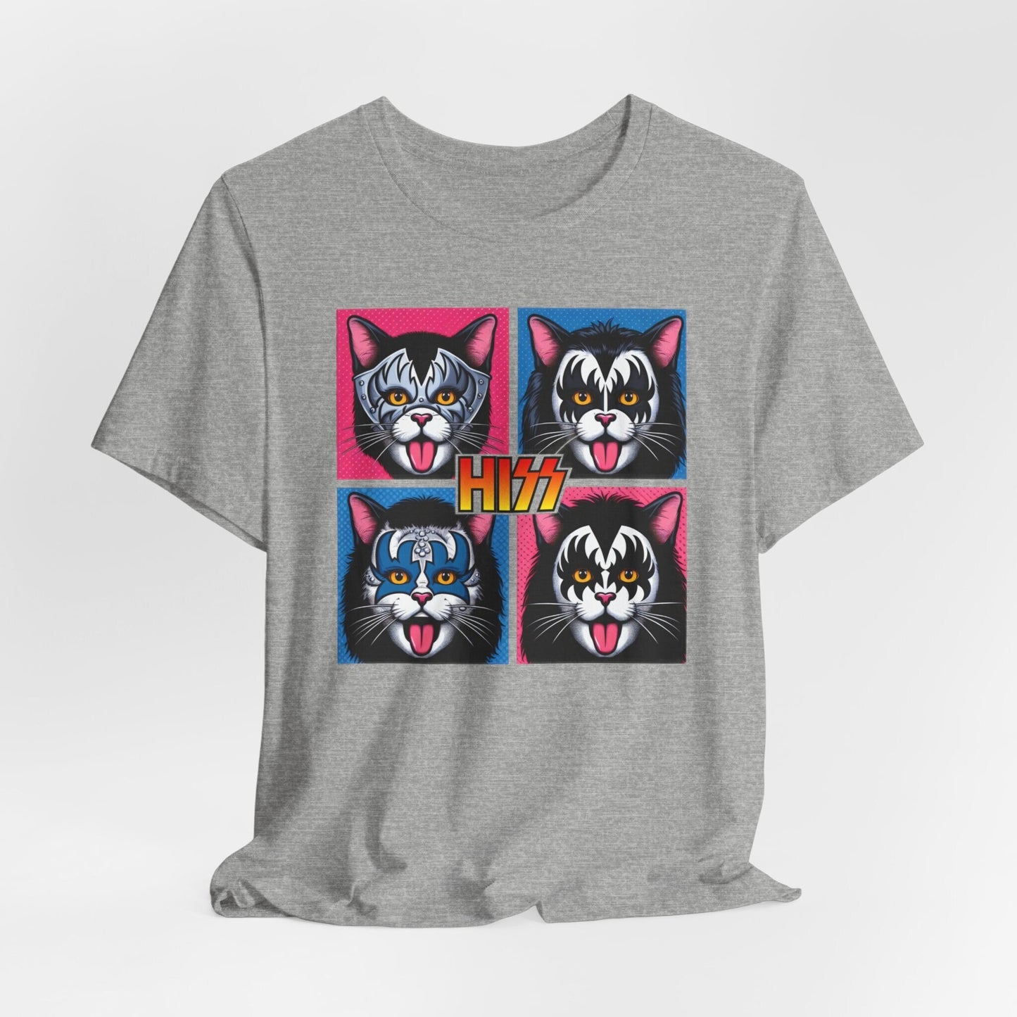 Funny Kiss Parody T-Shirt, Pop Art Style Hiss Rocker Kittens T-Shirt, Rocker Cats Shirt, Humour Cat Tee Shirt, Gift T Shirt for Cat Lovers