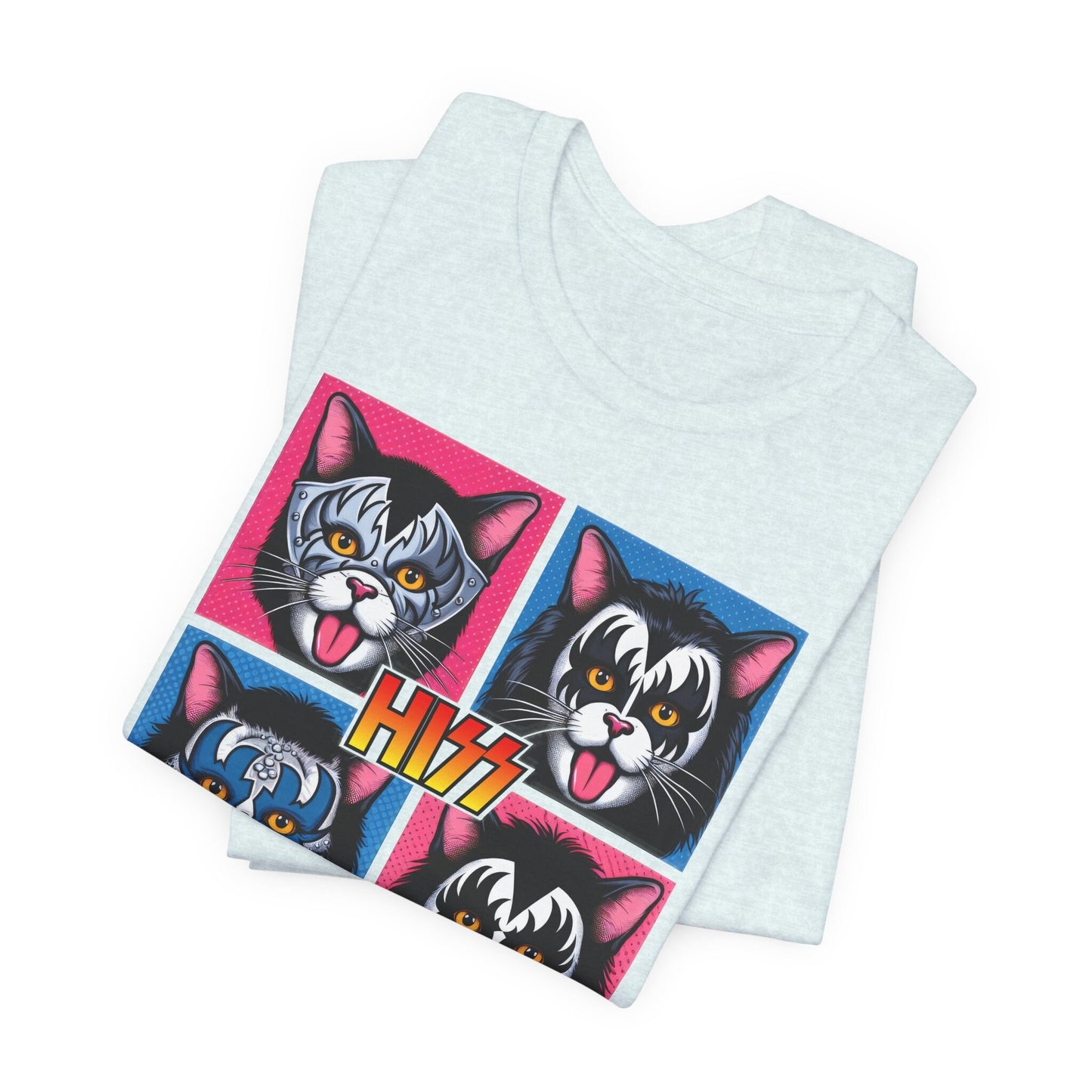 T-shirt parodique de baiser drôle, T-shirt de style pop art Hiss Rocker Kittens, T-shirt de chats rocker, T-shirt de chat humoristique, T-shirt cadeau pour les amoureux des chats