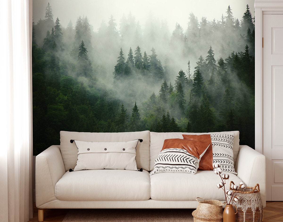 Foggy Forest Wallpaper, Trees Mural, Forest Pine Trees Reposition able Removable Fabric Wallpaper, Home Decor, Peel and Stick, Self Adhesive