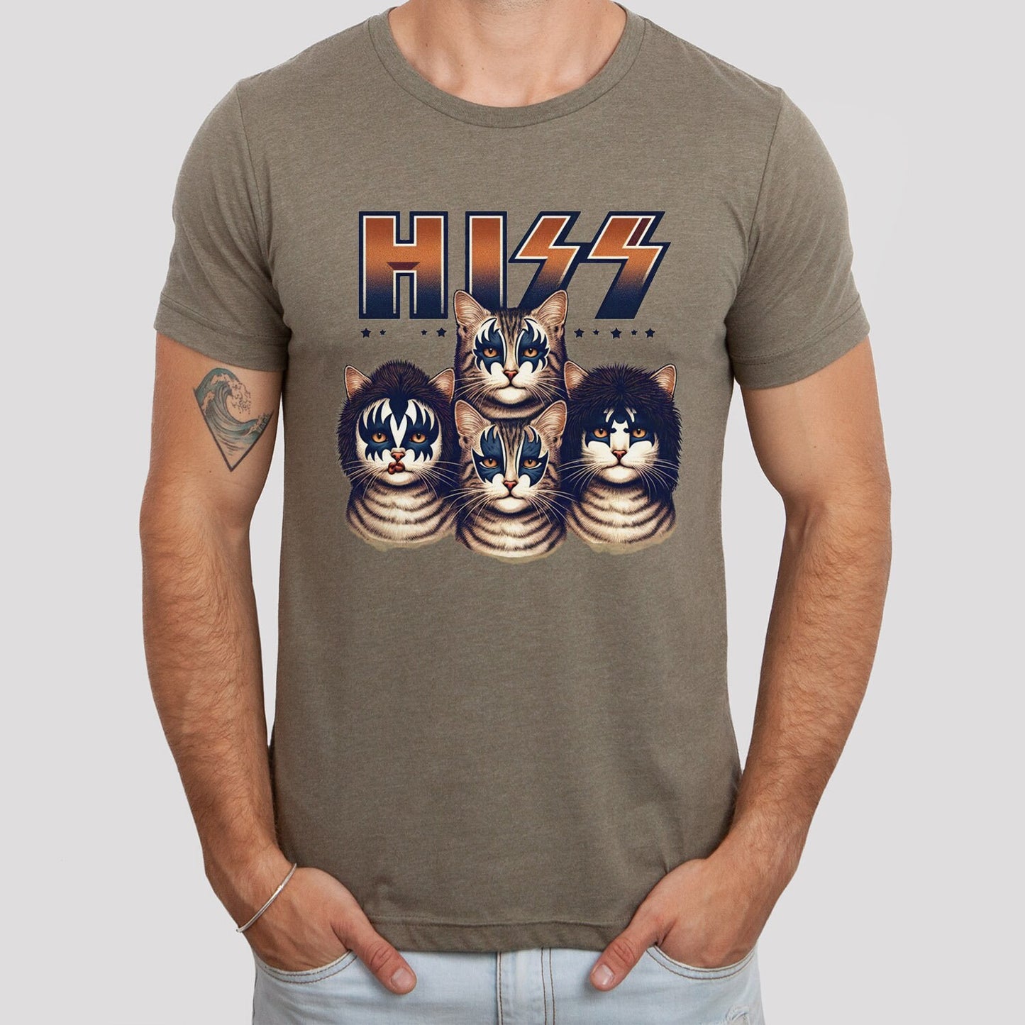 Hiss Cats T-Shirt, Kätzchen Rock Shirt, Kiss Lustiges Parodie T-Shirt, Humor Katzen Shirt, Katzenliebhaber Lustiges Geschenk T-Shirt, Rockstar Katzen T-Shirt