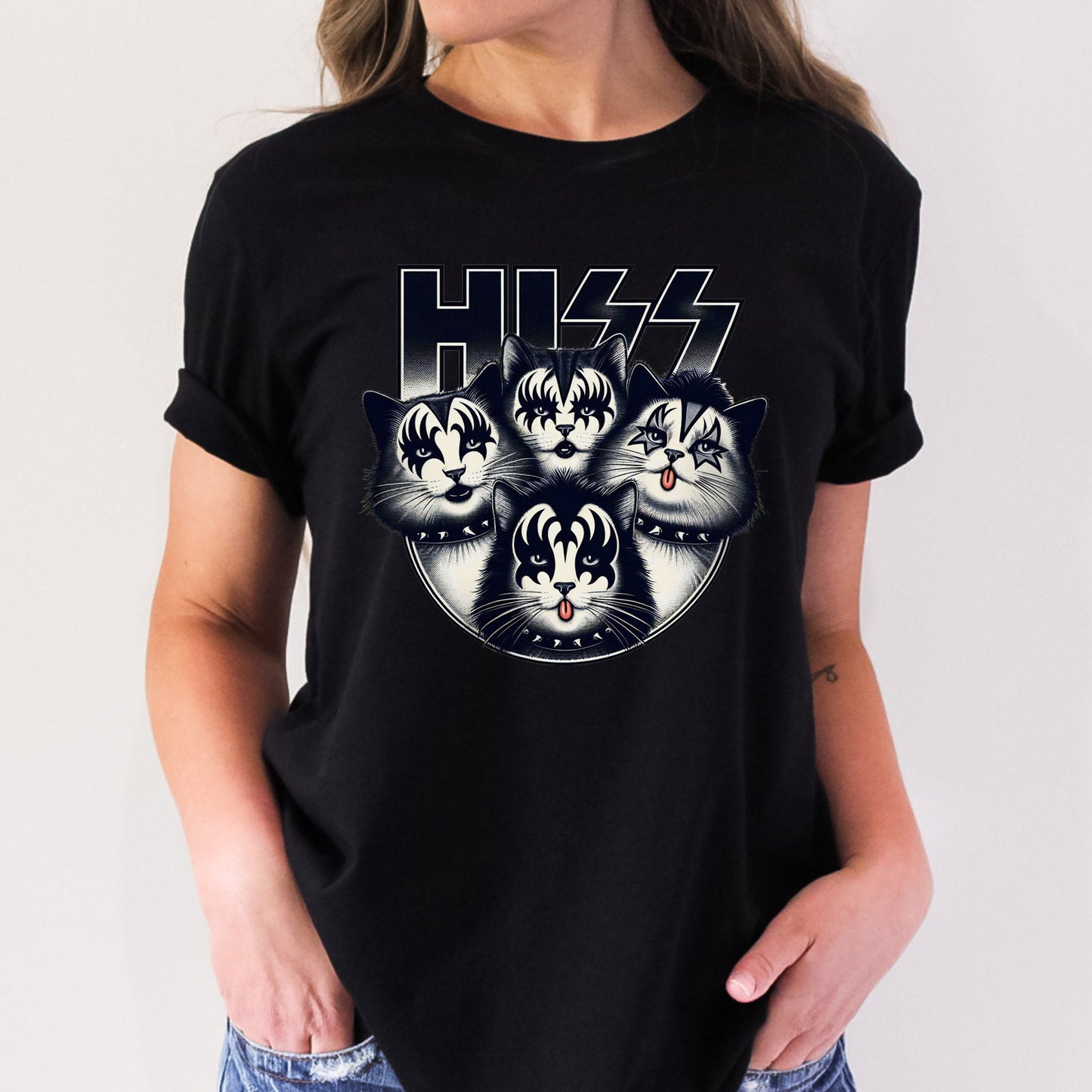 Hiss Rocker Kittens T-Shirt, Rocker Cats Shirt, Lustiges Kiss Parodie T-Shirt, Humor Katzen T-Shirt, Katzenliebhaber Lustiges Geschenk T-Shirt, Rockstar Katze