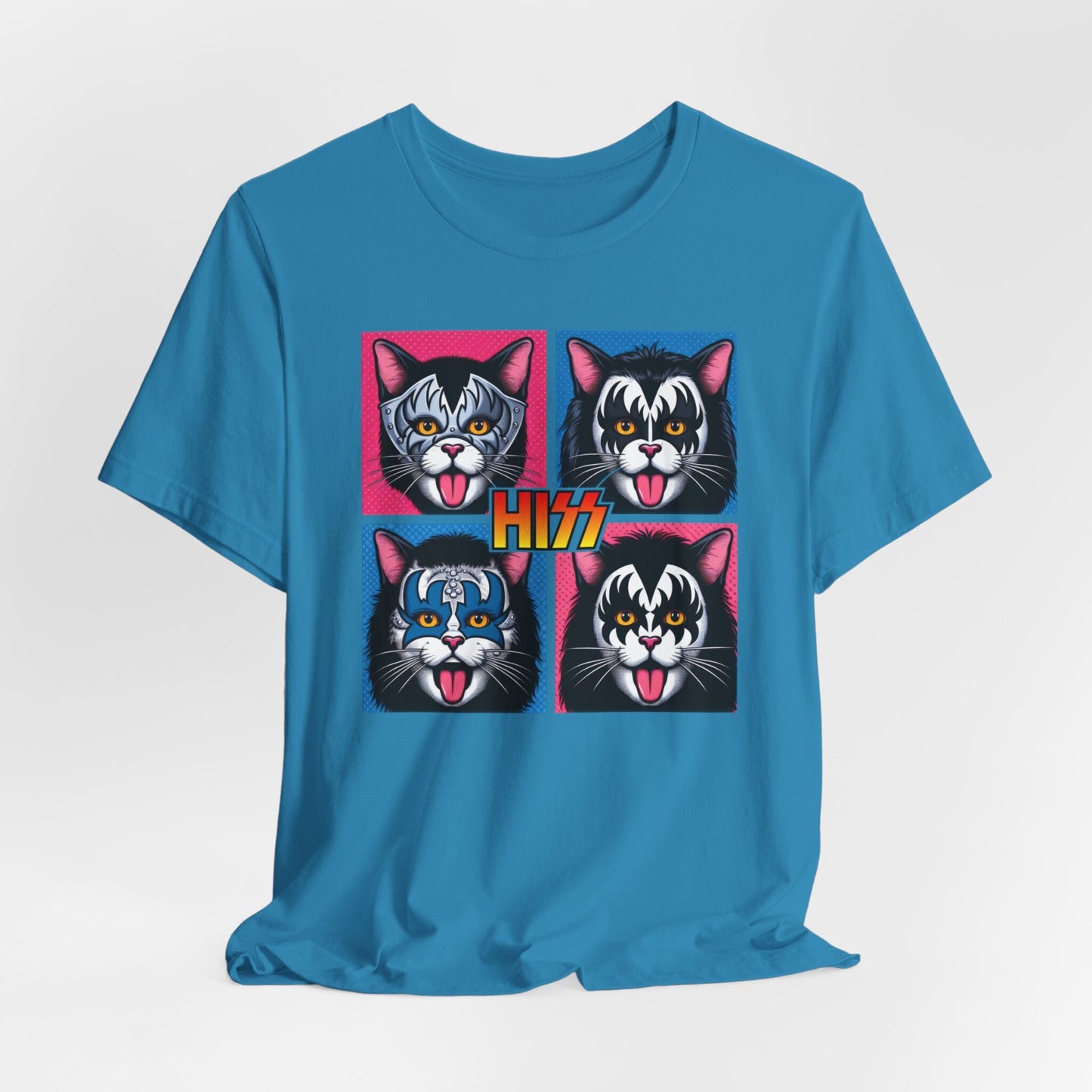 Funny Kiss Parody T-Shirt, Pop Art Style Hiss Rocker Kittens T-Shirt, Rocker Cats Shirt, Humour Cat Tee Shirt, Gift T Shirt for Cat Lovers