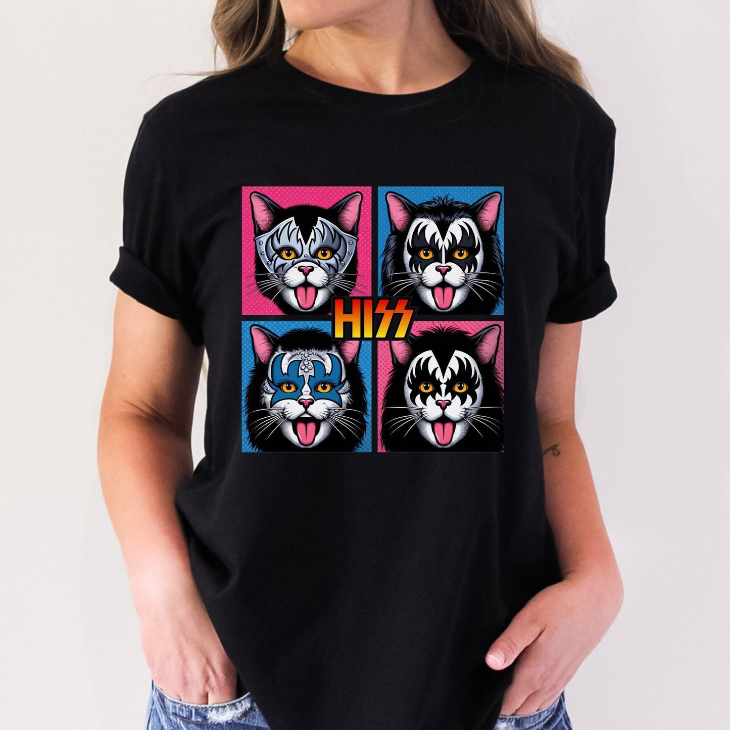 Funny Kiss Parody T-Shirt, Pop Art Style Hiss Rocker Kittens T-Shirt, Rocker Cats Shirt, Humour Cat Tee Shirt, Gift T Shirt for Cat Lovers