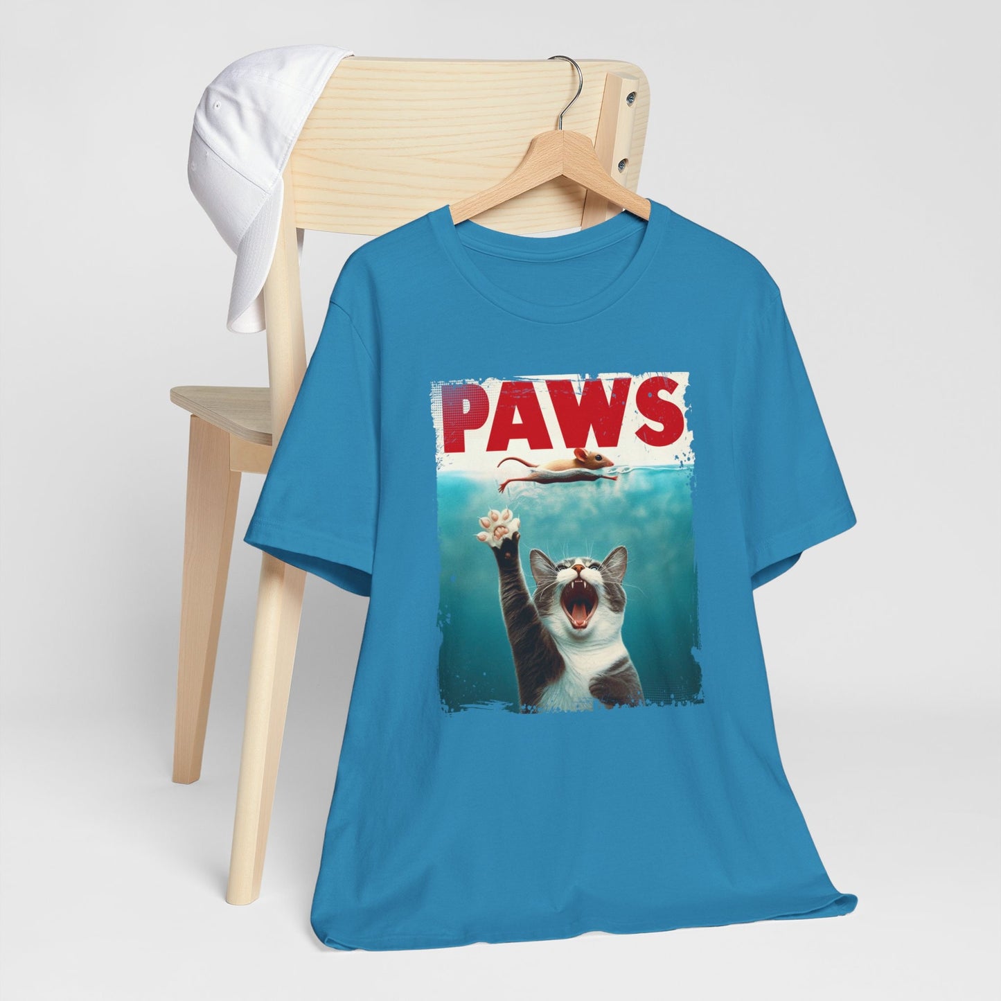 Lustiges Katzen T-Shirt mit Pfoten, Lustiges Katzenliebhaber Shirt, Lustiges Jaws Film Parodie Shirt, Katzenliebhaber Geschenk Shirt, Kätzchen und Maus Shirt, Parodie Katzen T-Shirt