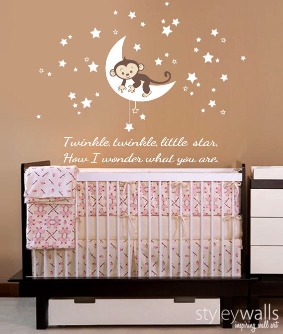 Moon Wall Decal, Monkey Wall Decal,Stars Wall Decal, Monkey Stars and Moon Wall Decal, Twinkle Twinkle Little Star Baby Wall Decal Sticker