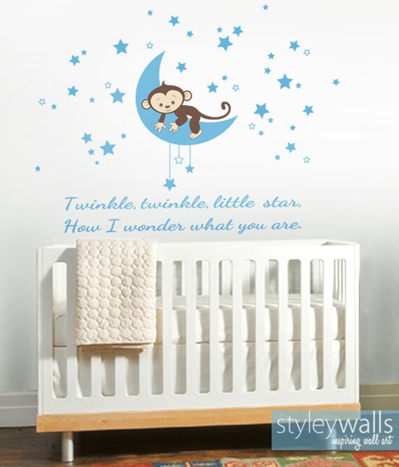 Moon Wall Decal, Monkey Wall Decal,Stars Wall Decal, Monkey Stars and Moon Wall Decal, Twinkle Twinkle Little Star Baby Wall Decal Sticker