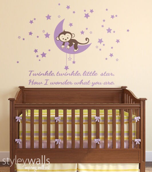 Moon Wall Decal, Monkey Wall Decal,Stars Wall Decal, Monkey Stars and Moon Wall Decal, Twinkle Twinkle Little Star Baby Wall Decal Sticker