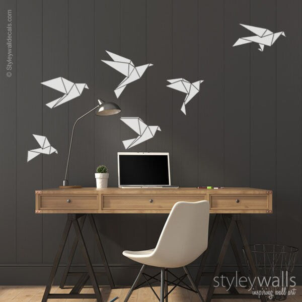 Autocollant mural oiseaux en origami, autocollant mural grues en origami géométriques, autocollant mural oiseaux en origami, cadeau de Noël pour décoration de bureau, de maison, de salon