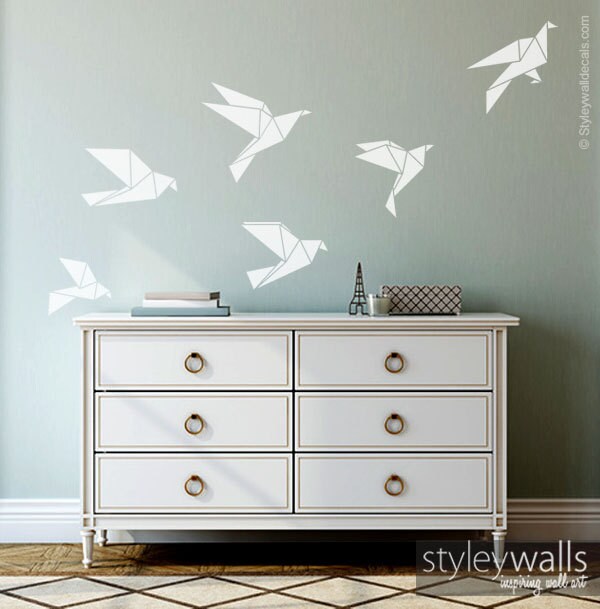 Autocollant mural oiseaux en origami, autocollant mural grues en origami géométriques, autocollant mural oiseaux en origami, cadeau de Noël pour décoration de bureau, de maison, de salon