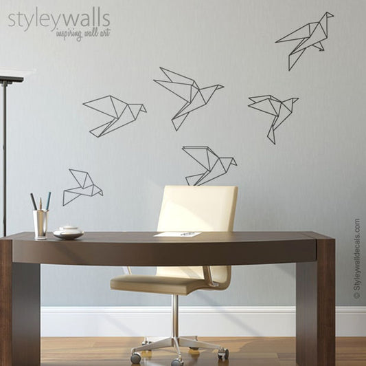 Autocollant mural oiseaux origami, autocollant mural oiseaux origami cadeau de Noël, lot de 6 autocollants muraux grues géométriques pour décoration de bureau, maison, salon