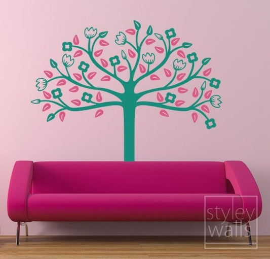 Autocollant mural en vinyle motif arbre printanier fantaisiste - Deux couleurs