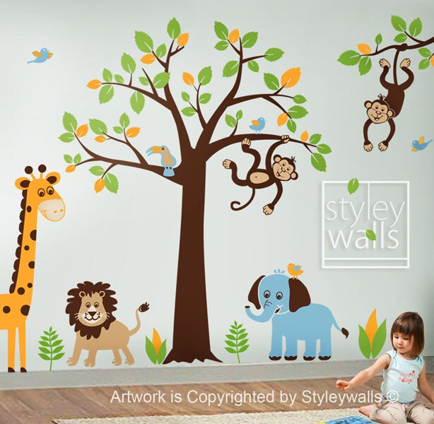 Autocollant mural pour enfants, autocollant d'arbre de safari, autocollants d'animaux de la jungle, énorme ensemble, autocollant mural en vinyle pour salle de jeux pour enfants, décoration murale, autocollant pour bébé