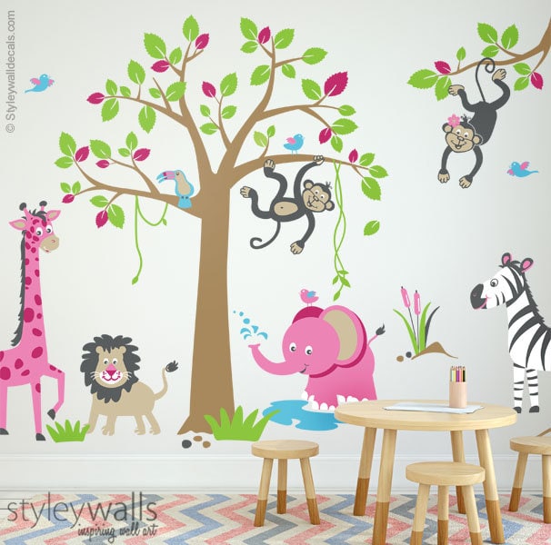 Jungle Animals Wall Decal, Safari Animals Wall Decal, Girls Room Wall Decal, Nursery Decor, Playroom Wall Decal, Monkey Giraffe Zebra Lion