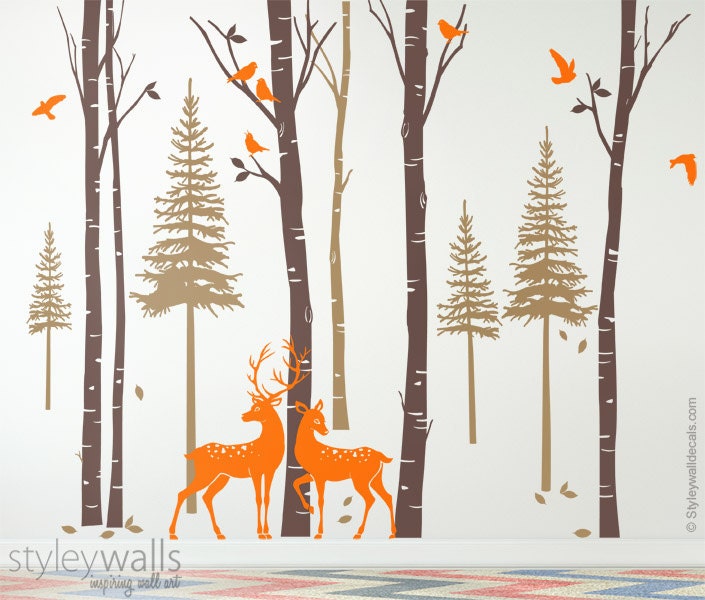 Birch Trees Wall Decal, Forest Trees Wall Decal, Pine Trees Wall Decal, Winter Trees with Deer and Birds Wall Sticker for Living Room Decor