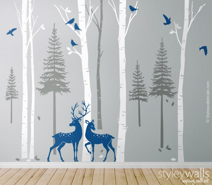 Birch Trees Wall Decal, Forest Trees Wall Decal, Pine Trees Wall Decal, Winter Trees with Deer and Birds Wall Sticker for Living Room Decor