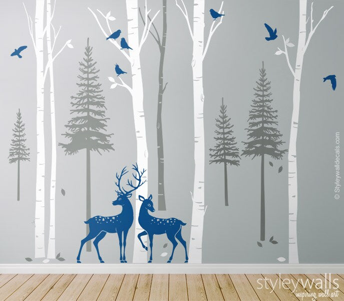 Autocollant mural avec arbres forestiers, autocollant mural avec bouleaux avec cerfs et oiseaux, autocollant mural avec pins, autocollant mural avec arbres d'hiver pour la décoration du salon