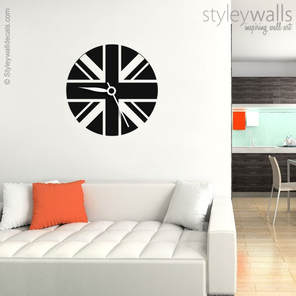 Sticker mural horloge drapeau britannique, sticker mural horloge moderne, autocollant mural horloge, décoration murale salon, sticker mural bureau, décoration murale horloge