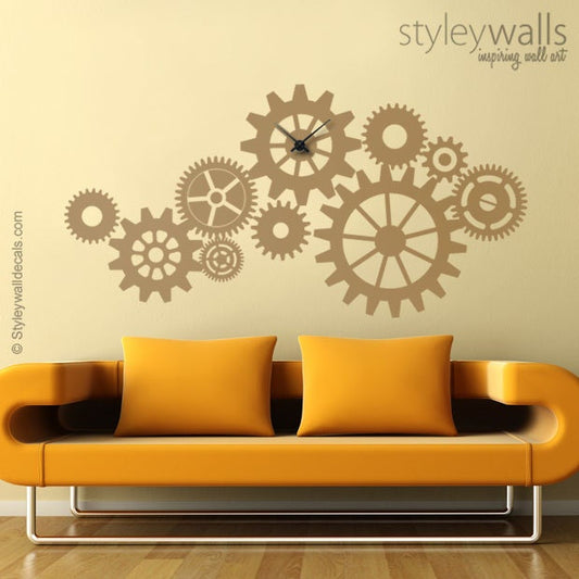 Sticker mural horloge, autocollant mural horloge, sticker mural roues dentées, sticker mural horloge engrenages, décoration murale salon bureau, décoration murale horloge moderne