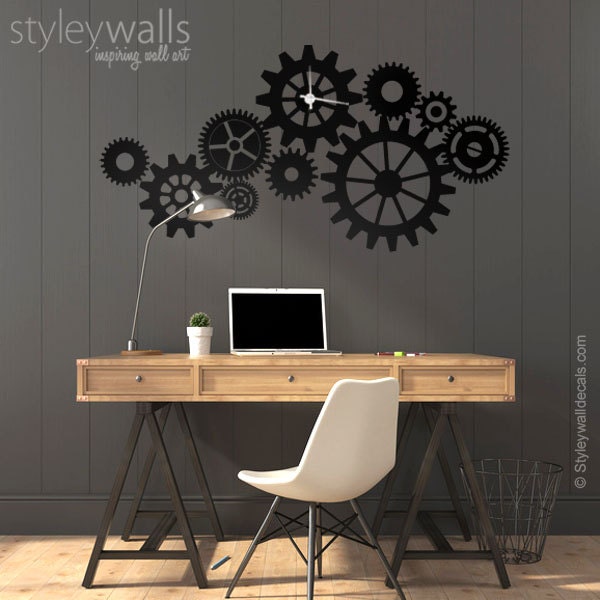 Clock Wall Decal, Clock Wall Sticker, Cogwheels Wall Decal, Gears Clock Wall Decal, Living Room Office Wall Decor, Modern Clock Wall Decor