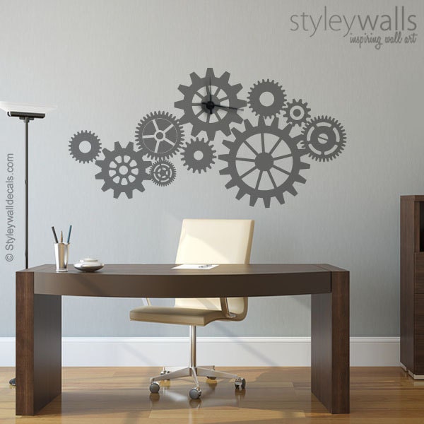 Clock Wall Decal, Clock Wall Sticker, Cogwheels Wall Decal, Gears Clock Wall Decal, Living Room Office Wall Decor, Modern Clock Wall Decor