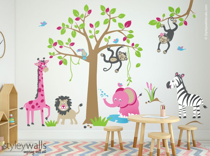 Jungle Animals Wall Decal, Safari Animals Wall Decal, Girls Room Wall Decal, Nursery Decor, Playroom Wall Decal, Monkey Giraffe Zebra Lion