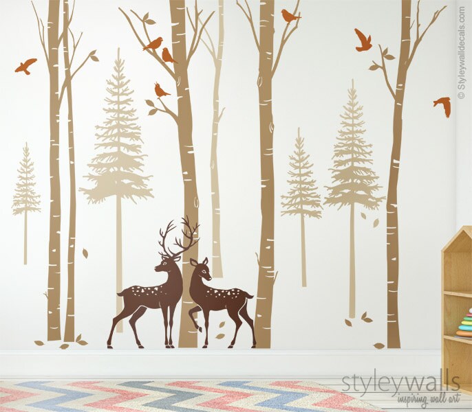 Forest Trees Wall Decal, Birch Trees with Deers and Birds Wall Decal, Pine Trees Wall Decal, Winter Trees Wall Decal for Living Room Decor