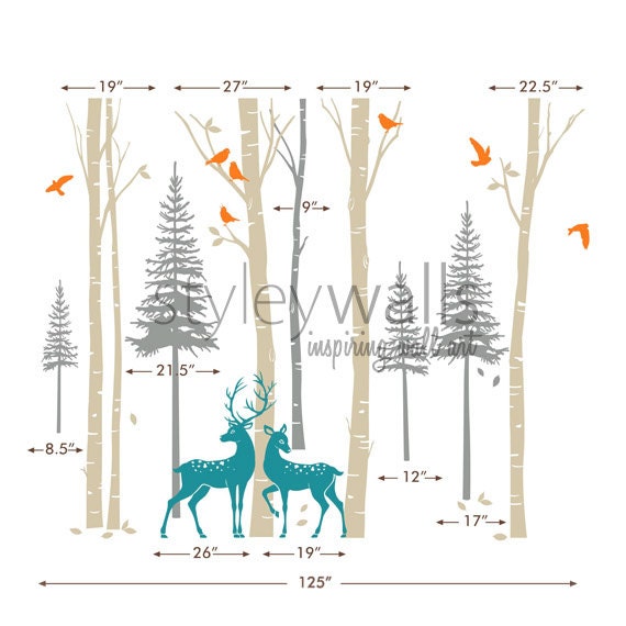 Birch Trees Wall Decal, Forest Trees Wall Decal, Pine Trees Wall Decal, Winter Trees with Deer and Birds Wall Sticker for Living Room Decor