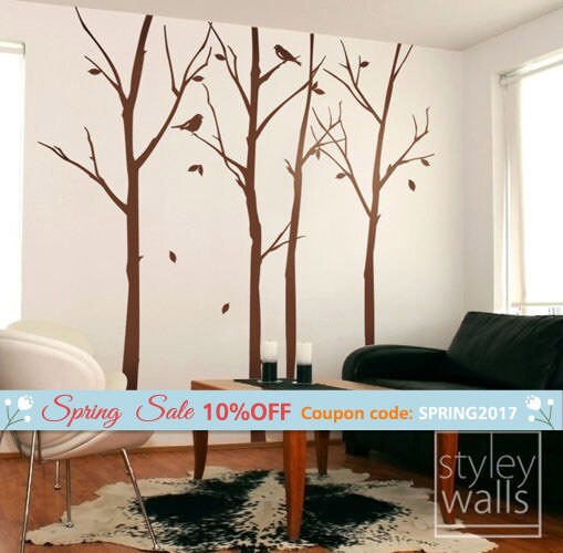 Forest Winter Trees and Birds Wall Decal, Thin Winter trees wall decal,  Forest Nature Home Decor,  Winter Trees for Baby Kids Room Decor