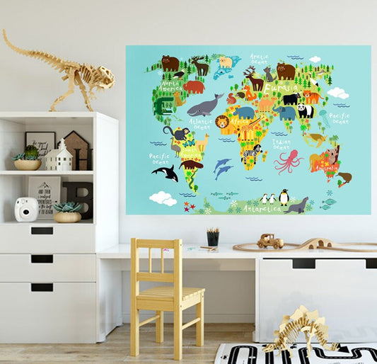World Map Wall Decal, World Map Wall Sticker, Jungle Animals Themed World Map for Kids Room, Playroom World Map Wall Sticker, Peel and Stick