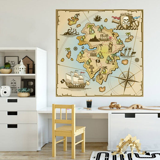 Treasure Map Wall Decal, Treasure Map Wall Sticker, Pirates Treasure Island Map for Kids Room, Playroom Treasure Map Decor, Peel and Stick
